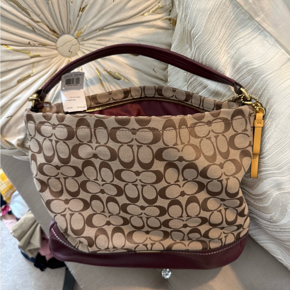 Coach Signature Canvas Shoulder Bag in Beige with Burgundy Trim - Picture 5 of 7
